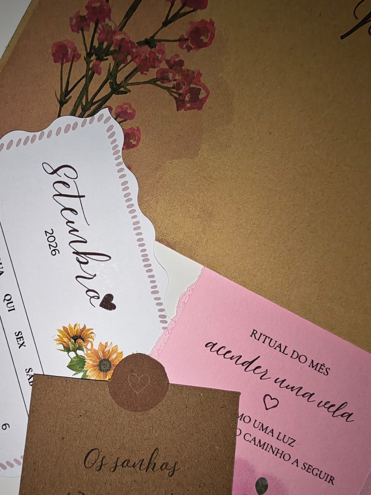 Imagem de diversos papéis de cor marrom, rosa e branco, com textos escritos à mão e decorados com desenhos de flores e corações.