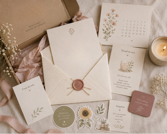 Conjunto de cartões e papelaria com tema de celebração, incluindo um envelope lacrado com selo de cera, calendário, vela, e elementos decorativos como flores secas, usando cores suaves e naturais.