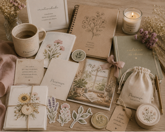 Cenário de escrita criativa com caderno, cartões, vela acesa, flores secas, caneta e itens decorativos em tons neutros, criando ambiente acolhedor e artesanal.