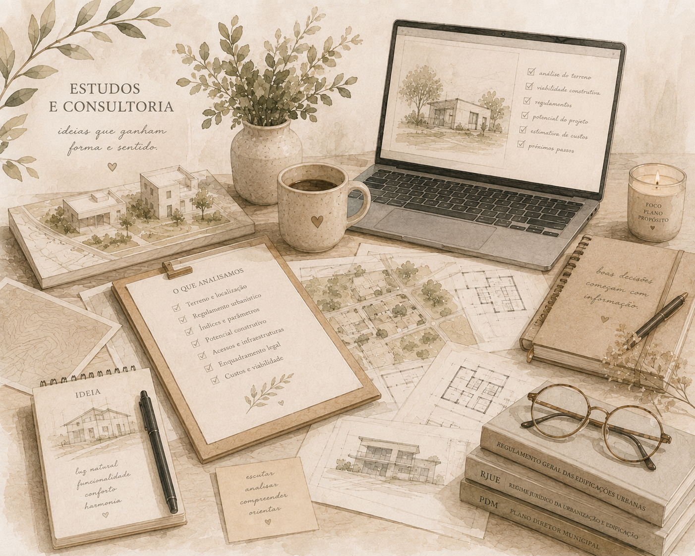Mesa de estudos e planeamento para projetos de urbanismo com plantas arquitetónicas, livros, caderno de anotações, computador exibindo uma planta de construção, vela acesa, óculos, e plantas decorativas no ambiente.