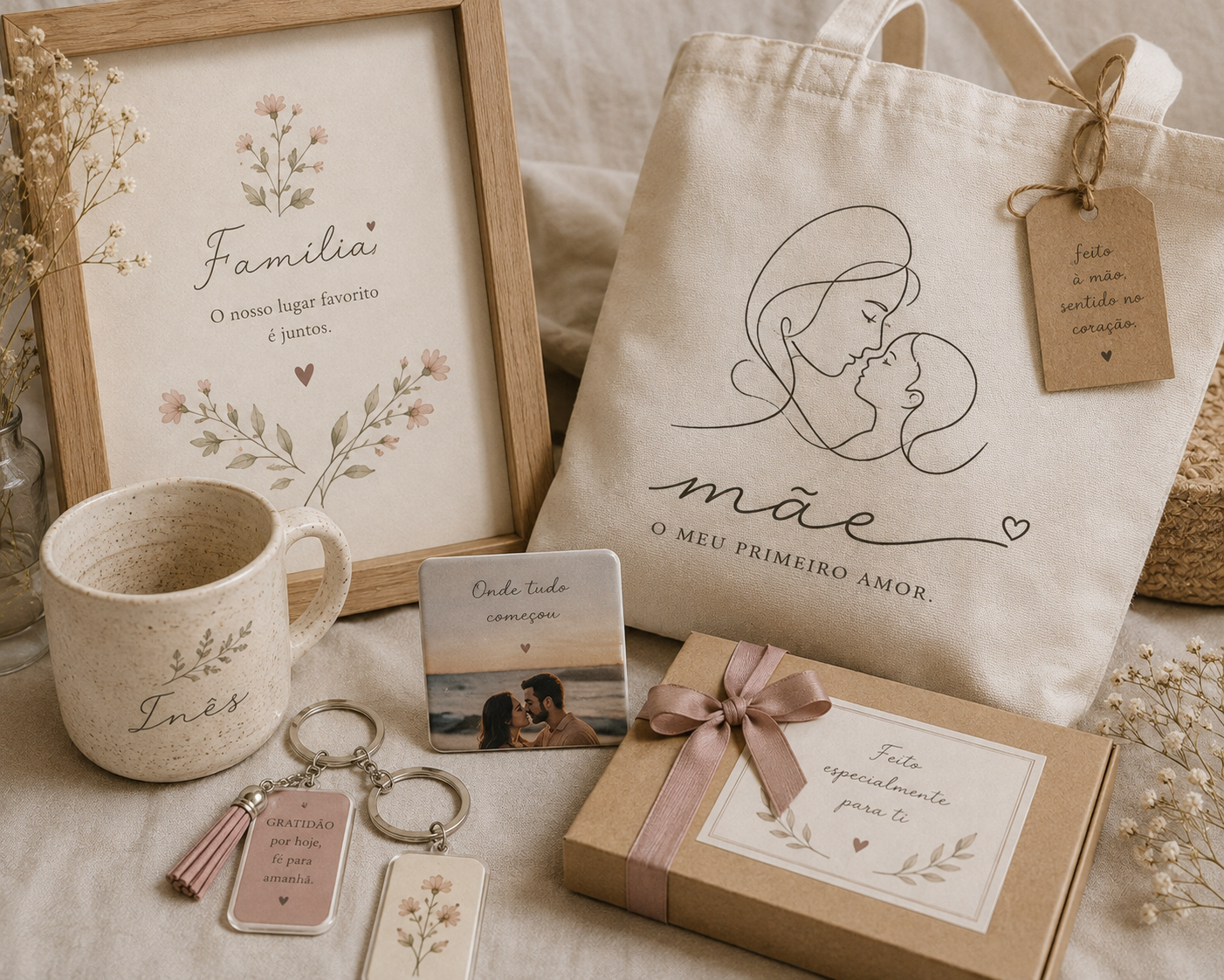 Conjunto de itens decorativos e presentes com tema de mãe e família, incluindo quadro com mensagem, bolsa com desenho de mãe e filho, caneca com a palavra 'Inês', chaveiros, um cartão com uma foto de um casal, um presente embalado com laço de fita, e uma mensagem em tags e papelaria.