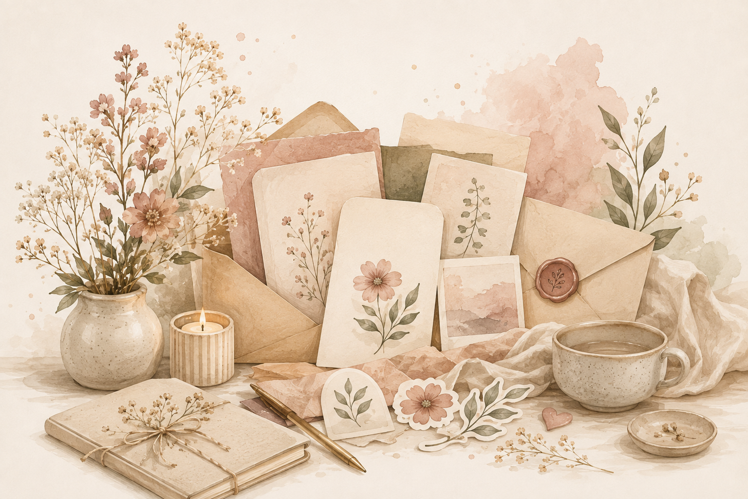 Ilustração de vaso com flores, vela acesa, envelopes e cartões com motivos florais, bloco de notas, caneta, taça de chá, pequenos papéis decorativos, todos em tons suaves de bege, rosa e verde, em uma composição delicada.