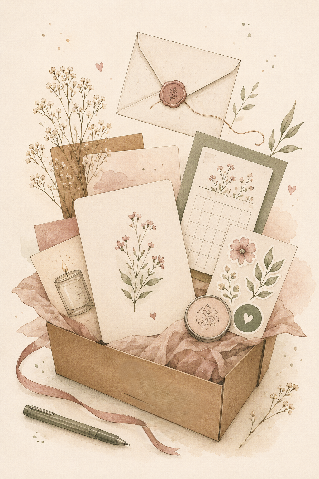 Caixa de presente com itens de papelaria decorativos em tons pastel, incluindo cartões, envelopes, uma vela, um caderno com ilustração de flor, uma caneta, fitas e flores secas, com uma estética suave e delicada.
