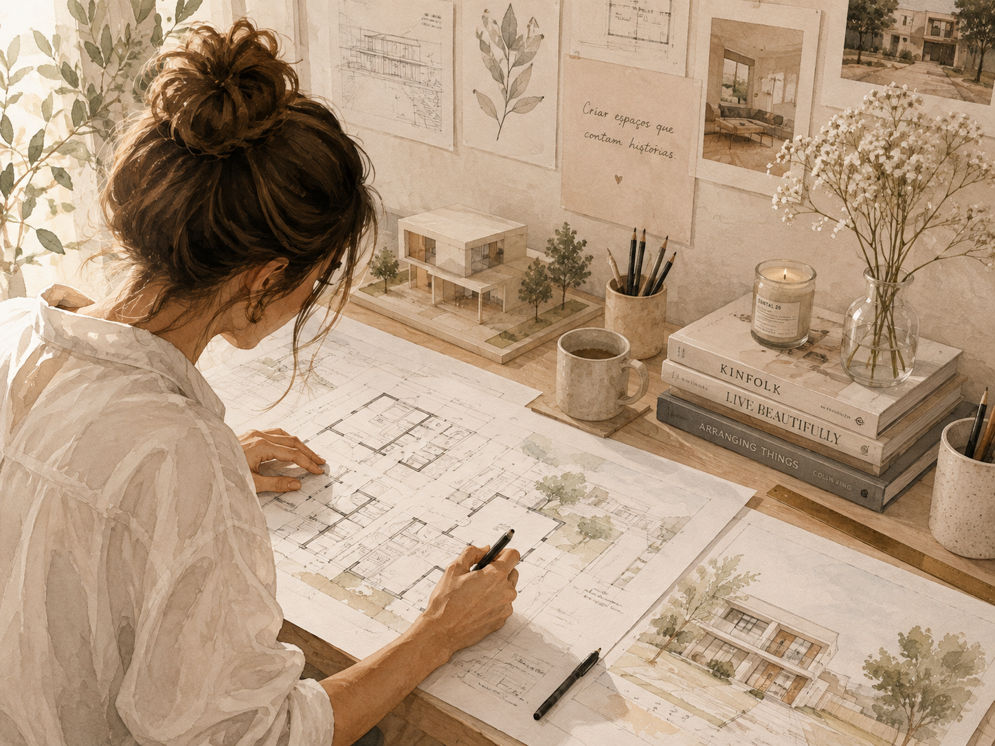 Mulher a desenhar projetos arquitetónicos numa mesa de trabalho, com livros e decorações ao redor.