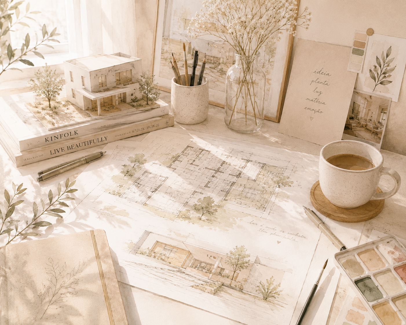 Mesa de trabalho com plantas, livros, arquitetura, aquarelas, canetas, um copo de café e fotos decorativas em um ambiente bem iluminado