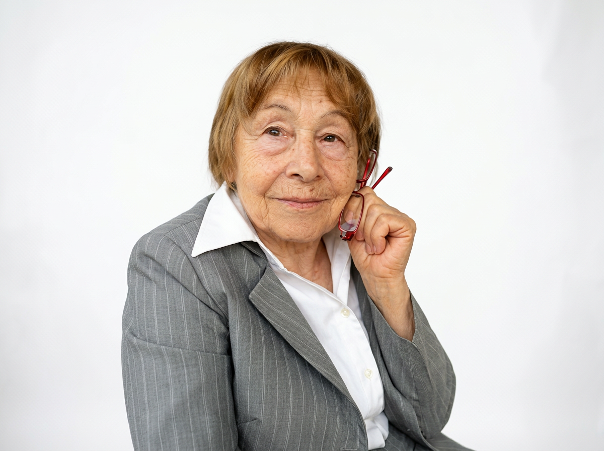 An elderly woman with short, light brown hair, wearing a gray business suit and white shirt, holding a pair of red glasses to her ear and smiling against a plain white background.