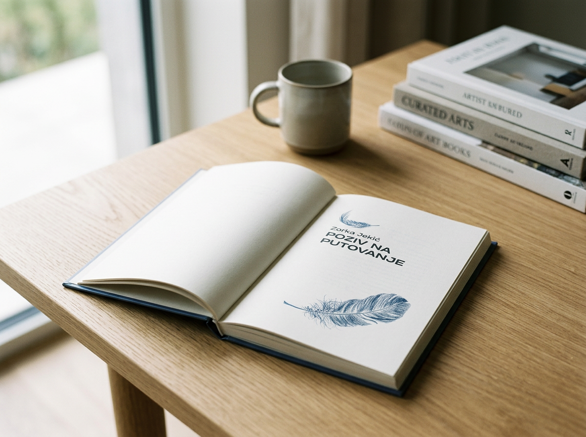 Open book on a wooden table displaying a title page with a feather illustration, surrounded by a ceramic mug and a stack of art books near a window.