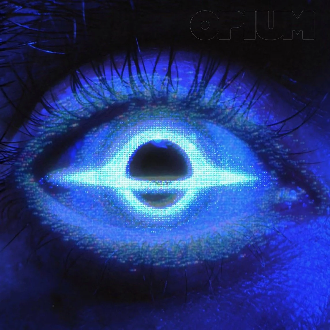 Close-up of a human eye with a neonistic, digital effect, predominantly in blue and purple hues.