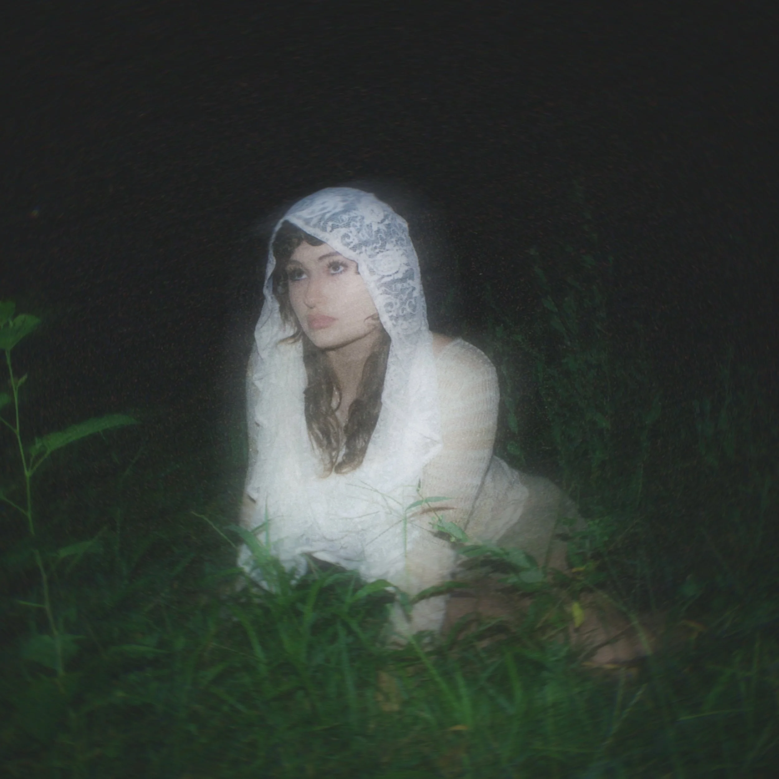 Portrait of a woman wearing lace headscarf and white dress, with dark hair and makeup, depicted in a painted style against a dark background with green foliage.