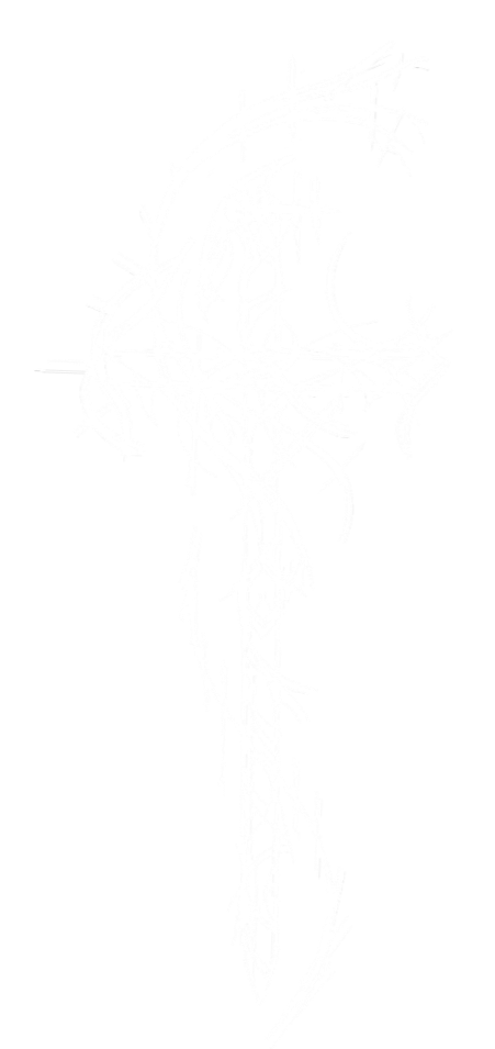 White abstract scribbled cross on black background.