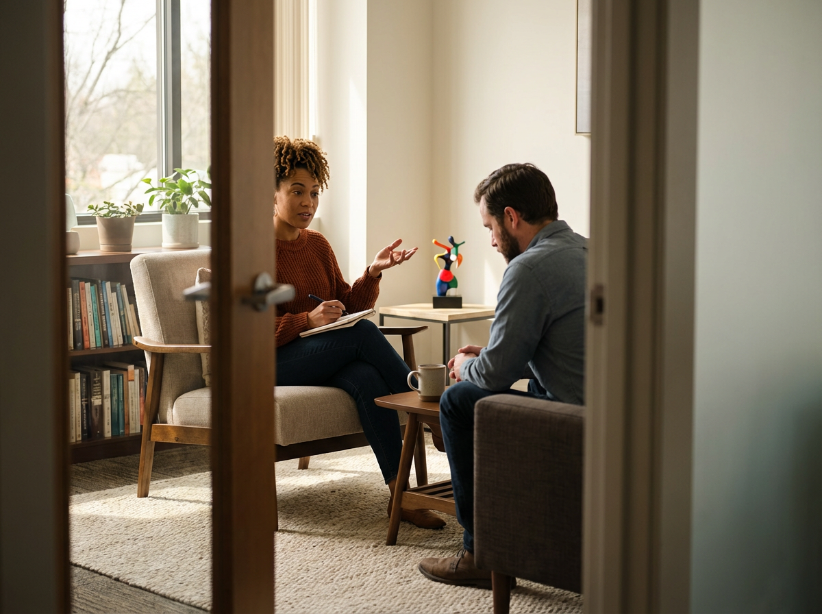 A woman and a man sitting and talking in a cozy room, with the woman holding a notebook and gesturing with her hand, while the man listens, holding a cup.