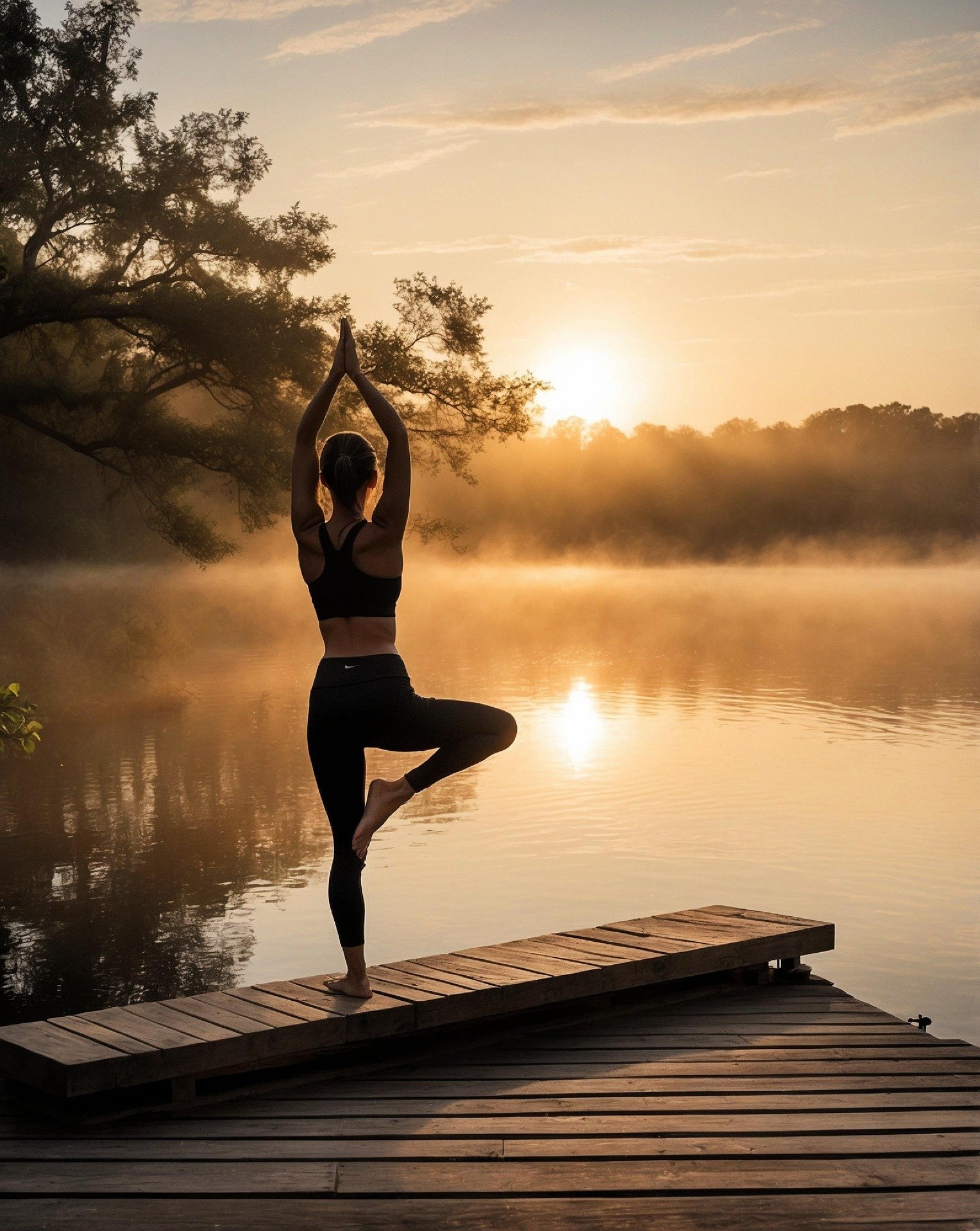 A woman practicing yoga in a tree pose on a dock by a misty lake at sunrise, with trees and clouds in the background.