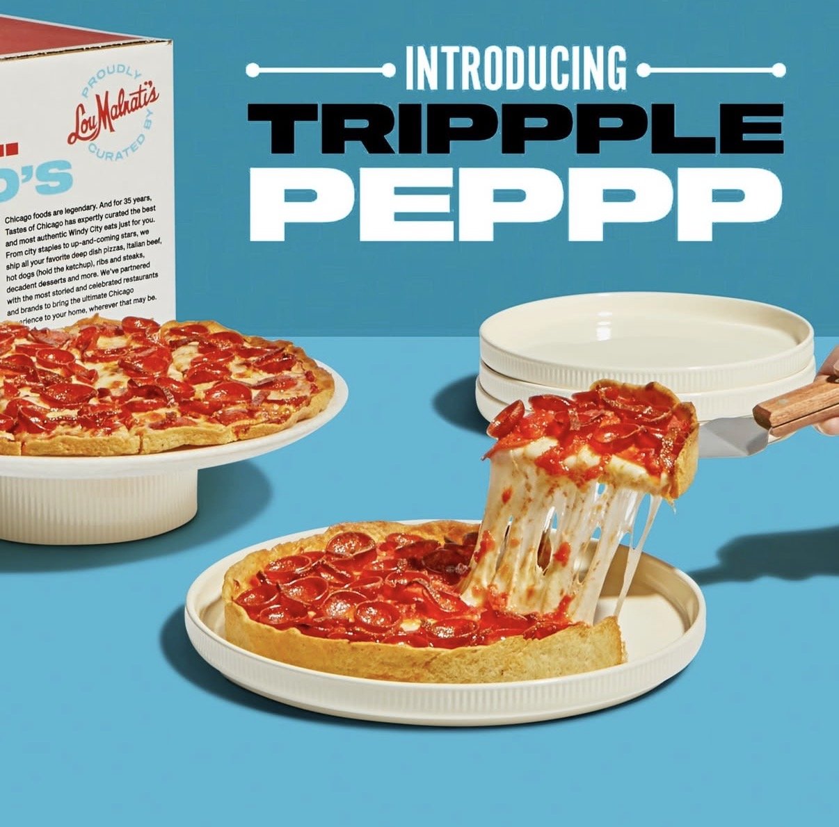 Pizza being served from Trippple PePPP box, with a slice being lifted, cheese stretching, on a blue background with a sign introducing Trippple PePPP.