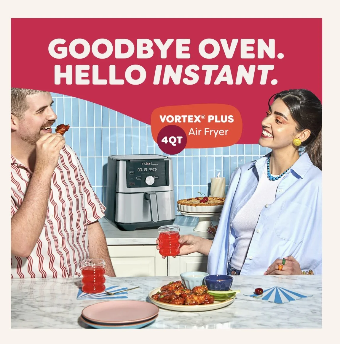 Advertisement for Vortex Plus Air Fryer featuring a man and woman smiling and enjoying food at a kitchen counter with a pie, drinks, and a blue background.