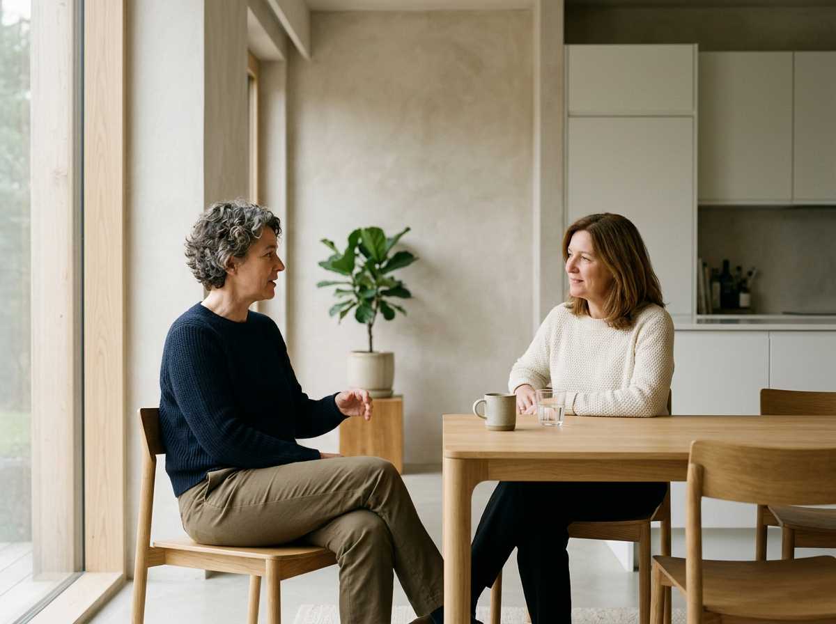 Two women sitting at a wooden dining table having a conversation in a modern, minimalist kitchen with a potted plant and large windows.