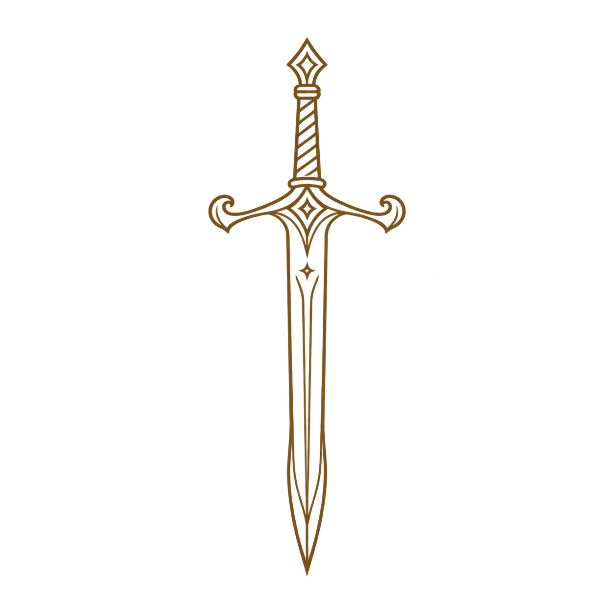 A simple line drawing of a medieval-style sword with a decorative hilt and a straight double-edged blade.