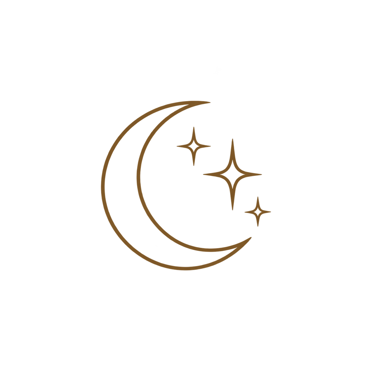 A line drawing of a crescent moon with three stars around it, all in gold color, set against a black background.
