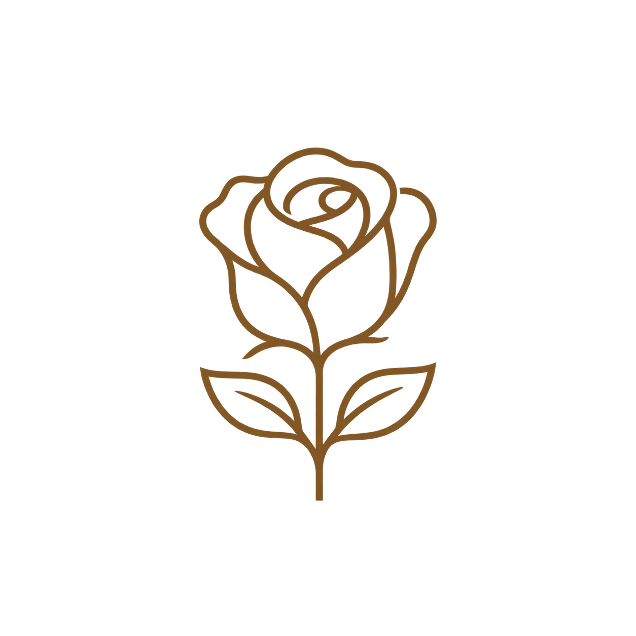 A minimalist line drawing of a rose with brown outline on a black background.