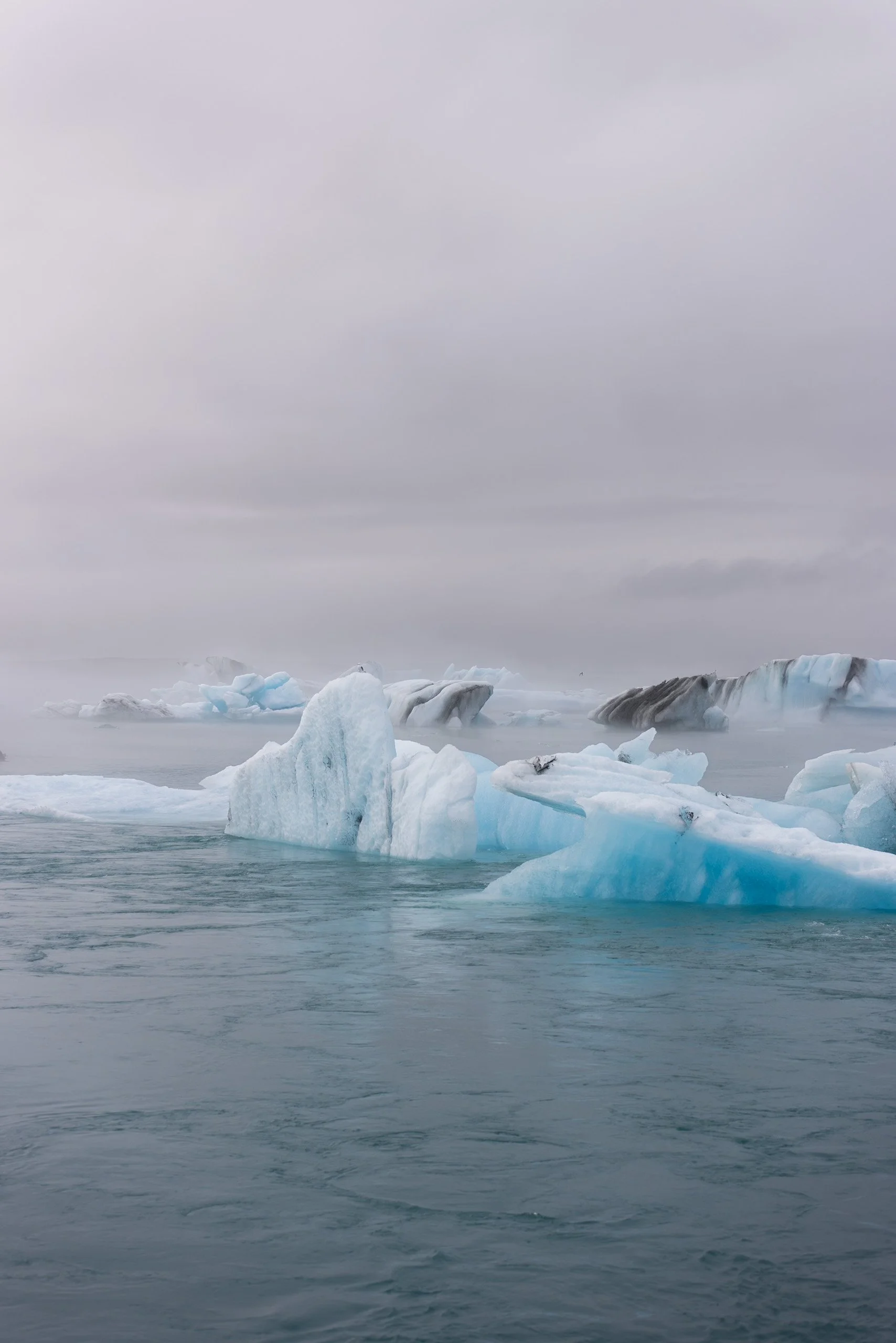 Blue icebergs floating in the calm waters of Jökulsárlón glacier lagoon in Iceland