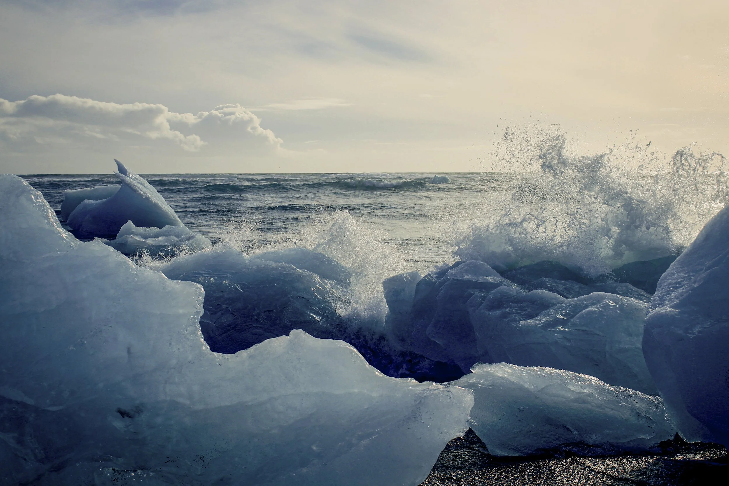 Ice floating in the waves along Diamond Beach on Iceland's black sand coast