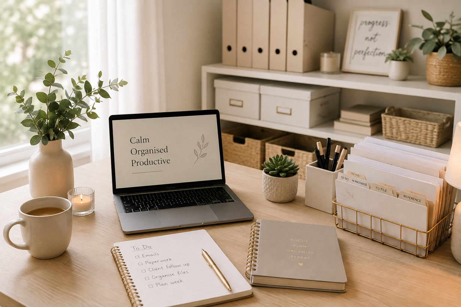 A workspace with a laptop displaying the words 'Calm Organised Productive', a notepad with a to-do list, a notebook titled 'Focus Plan Organise Repeat', a cup of coffee, a small candle, a potted plant, pens, and shelves with organized file folders and decorative items.