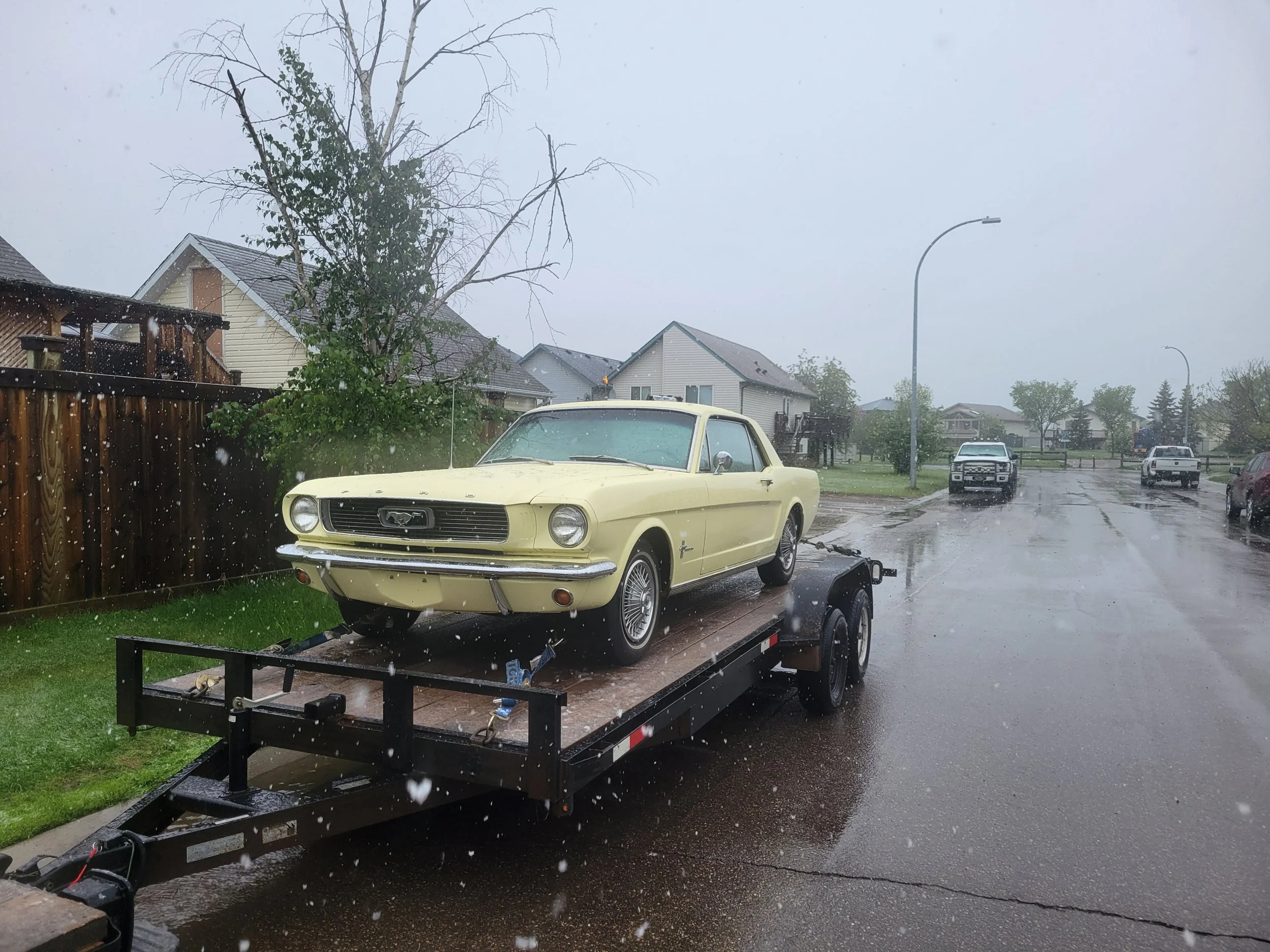 A yellow vintage Ford Mustang being transported on a flatbed trailer in a suburban neighborhood on a rainy day, with houses, trees, and streetlights visible in the background.