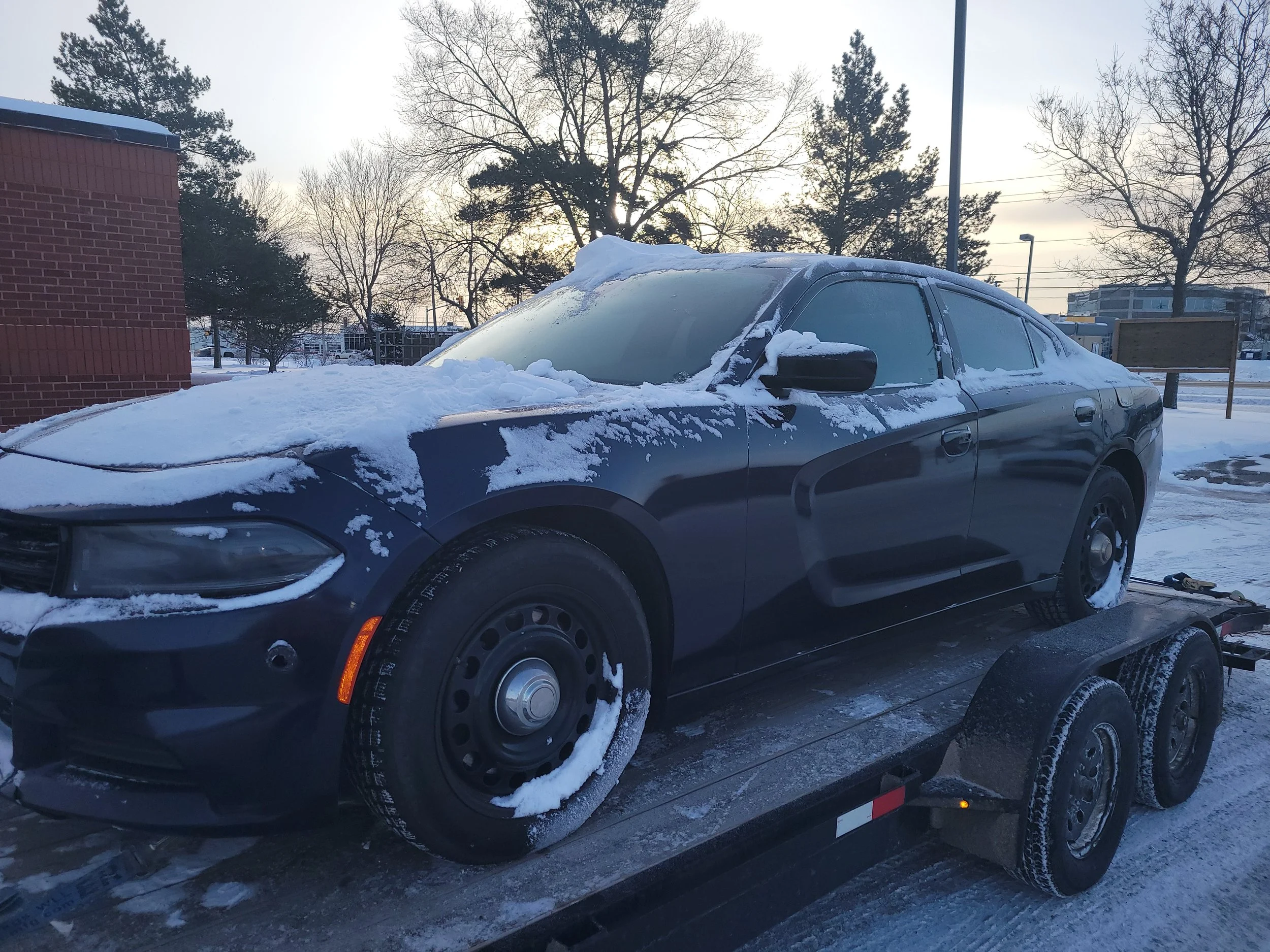 A black car covered with snow on a trailer, with snow and ice on its surface, parked outdoors in a snowy environment with trees in the background.