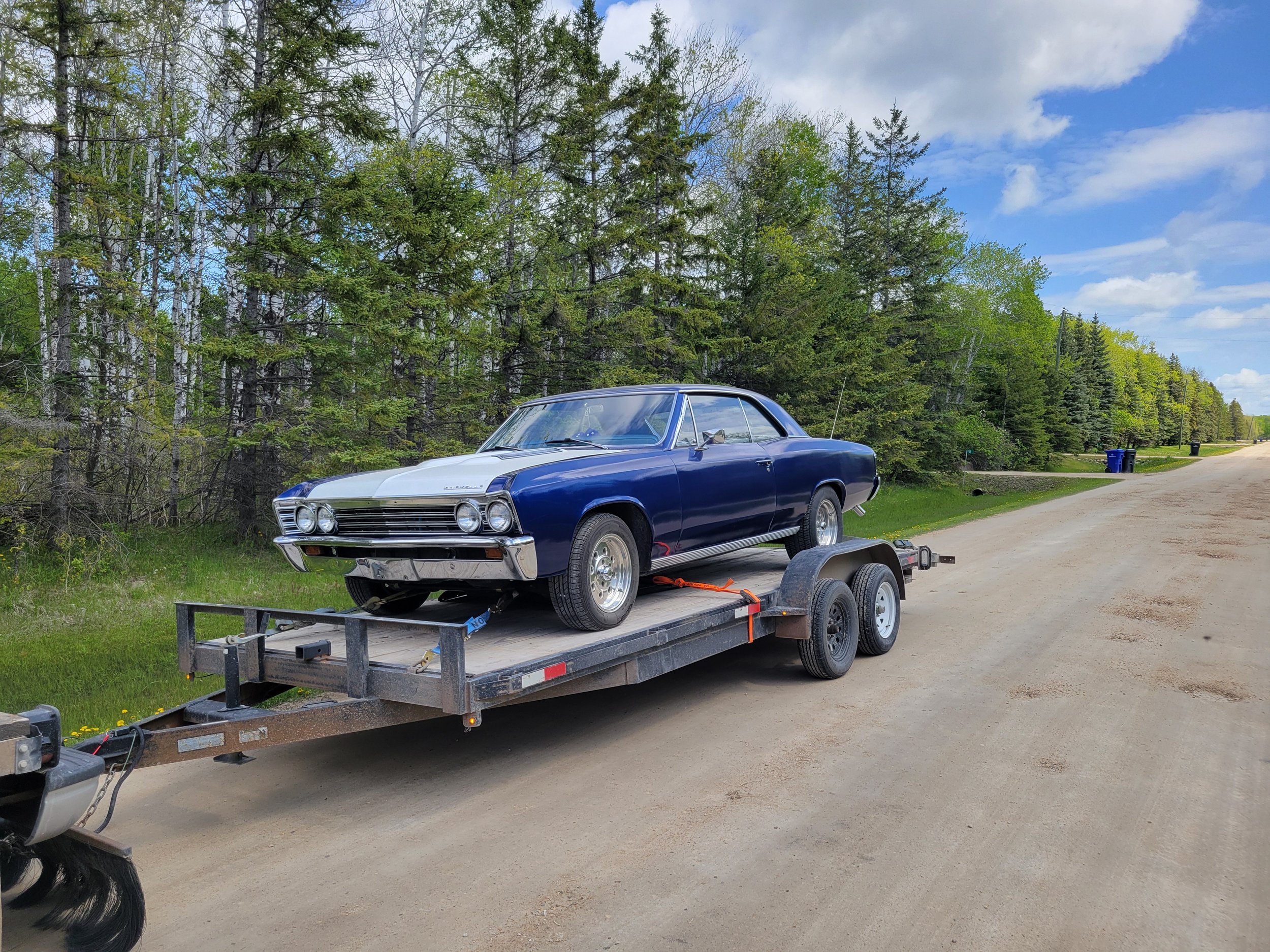 A vintage blue and white car on a trailer, parked on a gravel road near a wooded area with tall green trees and a partly cloudy sky.