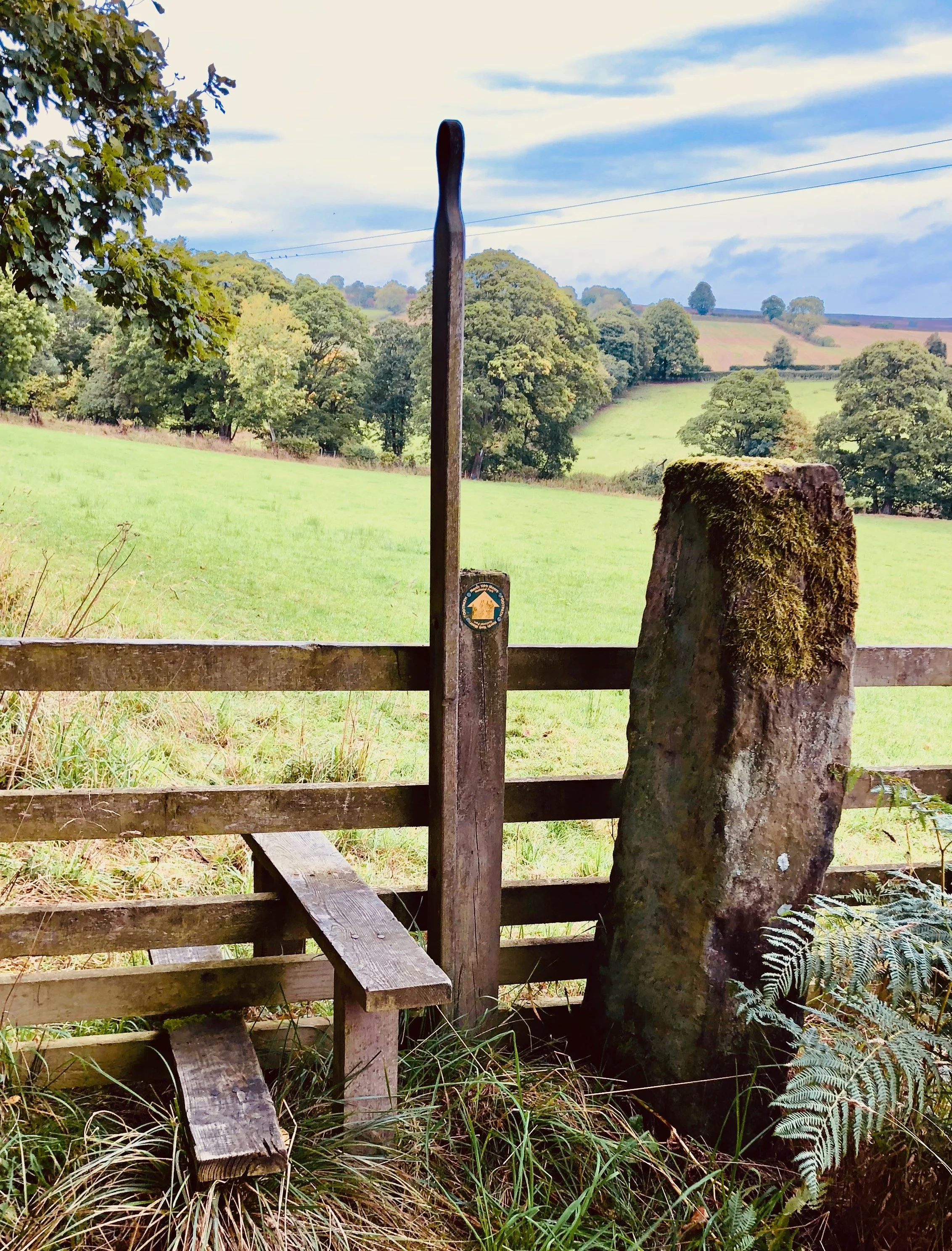 Wooden gate with a metal latch and a sign, opening to a rural field with green grass, trees, and hills under a partly cloudy sky.