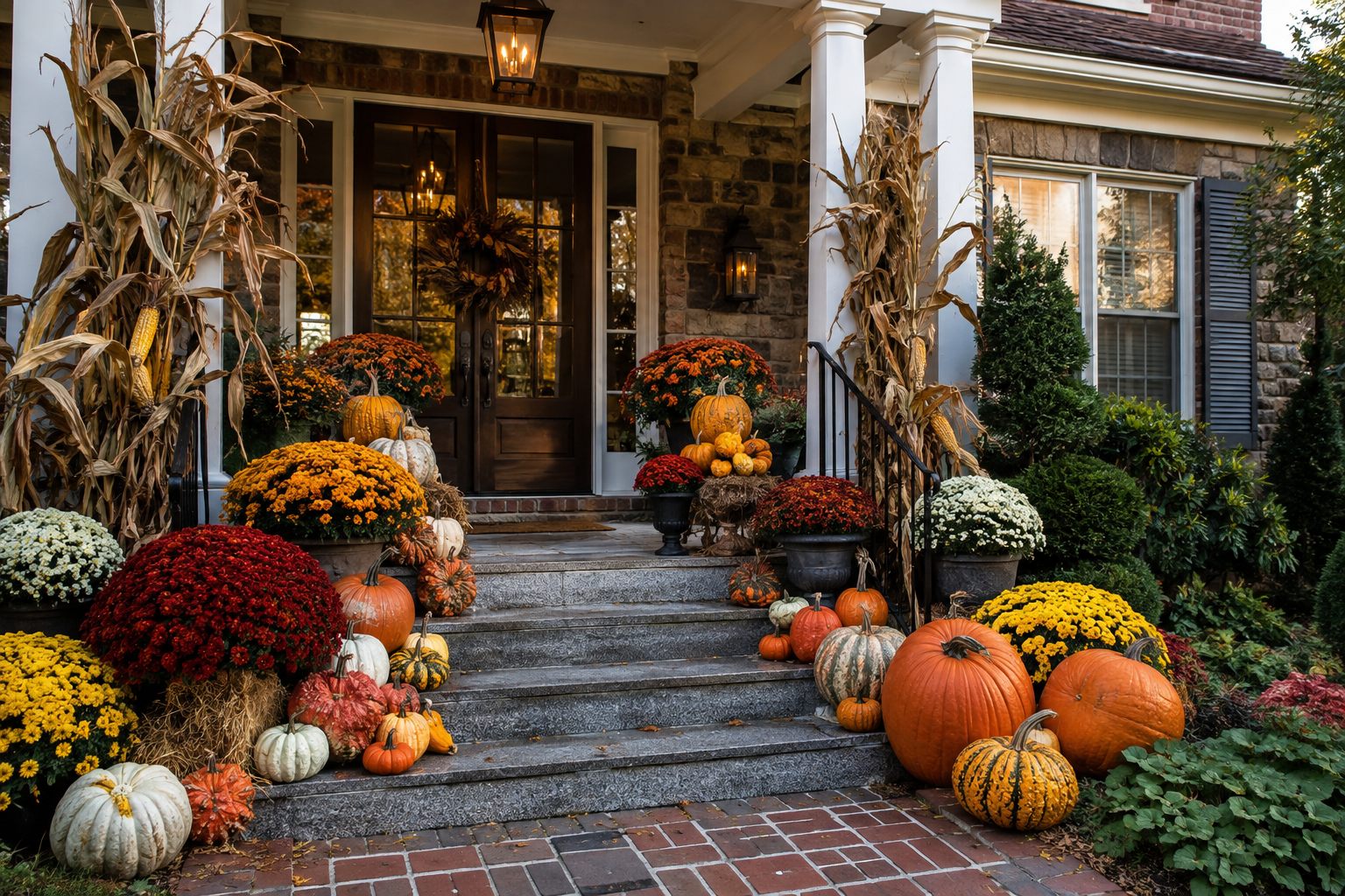 Fall decorated front porch with pumpkins, gourds, chrysanthemums, and dried cornstalks, leading up to a house entrance.