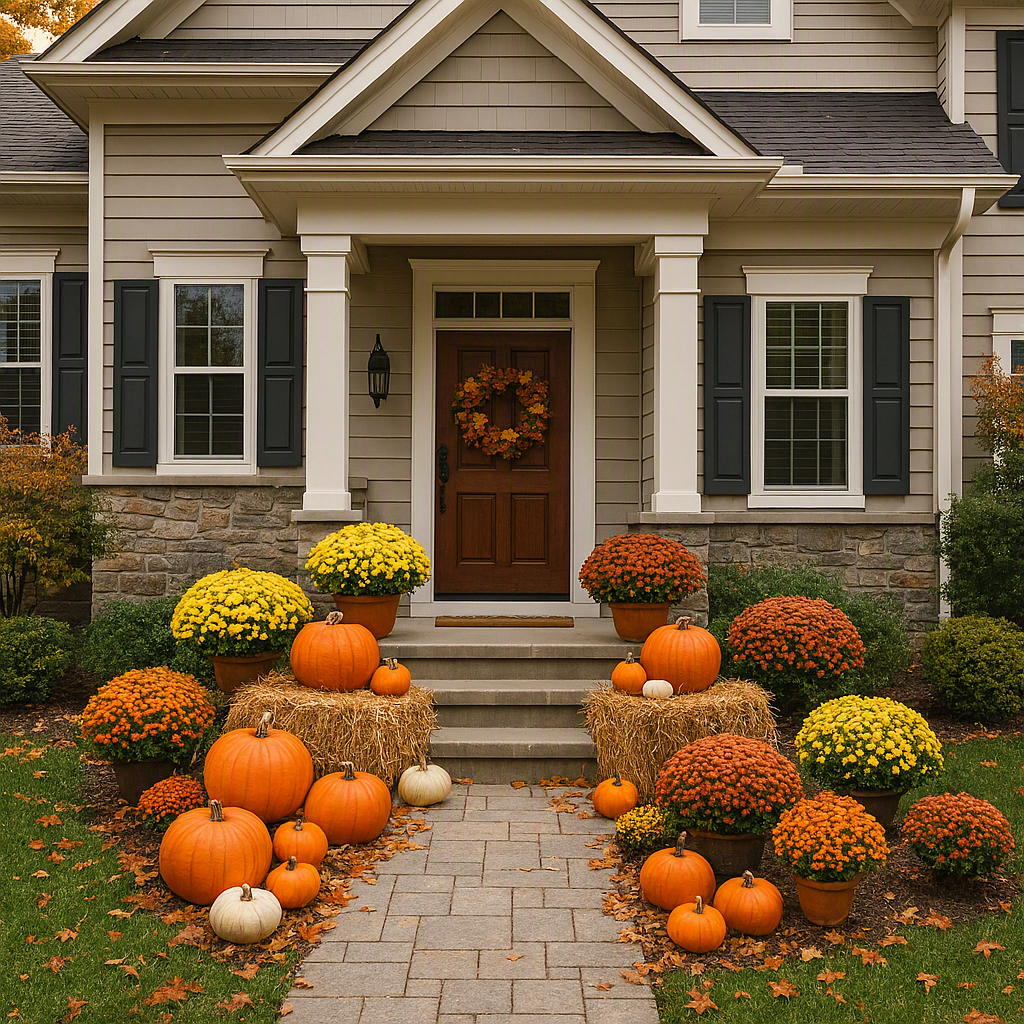 A house decorated for fall with pumpkins, hay bales, and colorful chrysanthemums lining the front porch and walkway.