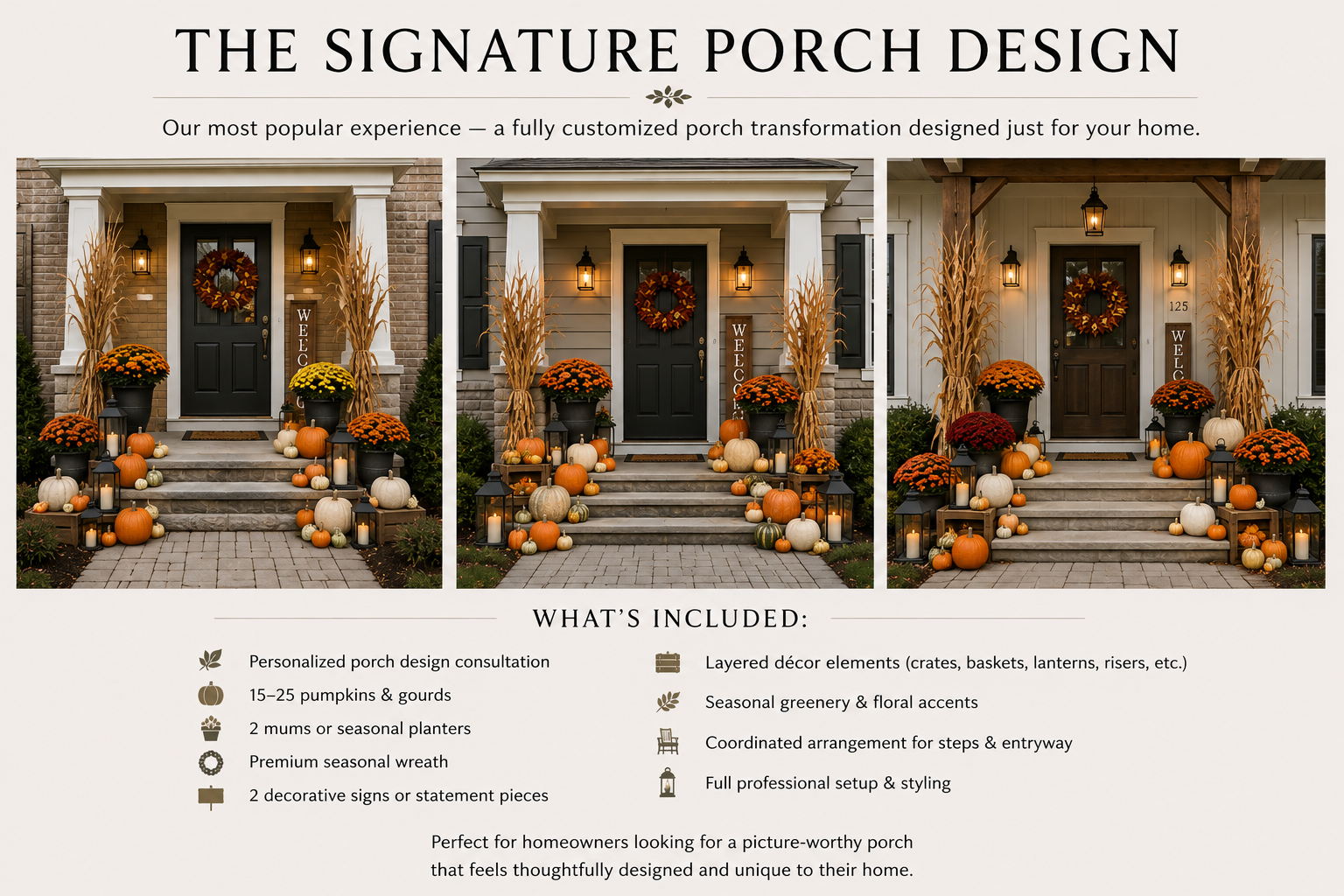 Three festive porch displays featuring pumpkins, gourds, floral arrangements, layered decor elements, lanterns, and wreaths, styled for fall decoration.