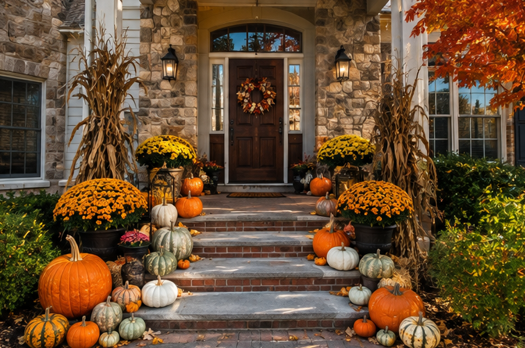 Front porch decorated for fall with pumpkins, gourds, yellow chrysanthemums, dried corn stalks, and a fall wreath on a wooden door.