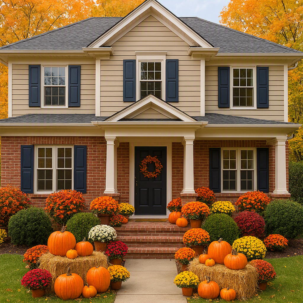 A two-story house decorated for fall, with autumn leaves in the background. The house has beige siding, blue shutters, and a black front door. The front yard is decorated with pumpkins, mums, hay bales, and orange, yellow, and red flowers.