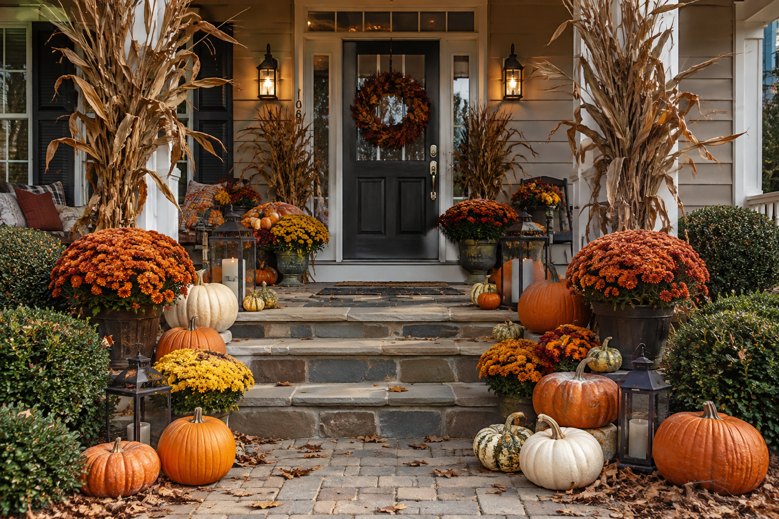 Decorated front porch for fall with pumpkins, chrysanthemums, dried corn stalks, and lanterns.