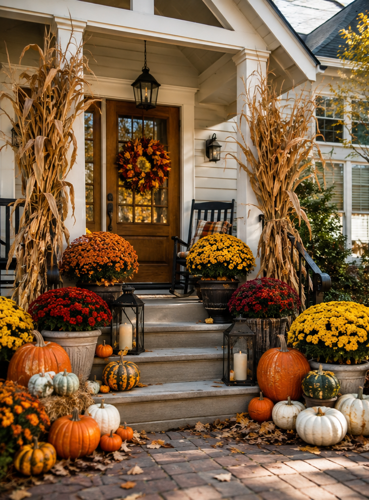 Fall decorated front porch with pumpkins, potted chrysanthemums, and lanterns, leading to a wooden door with a autumn wreath.