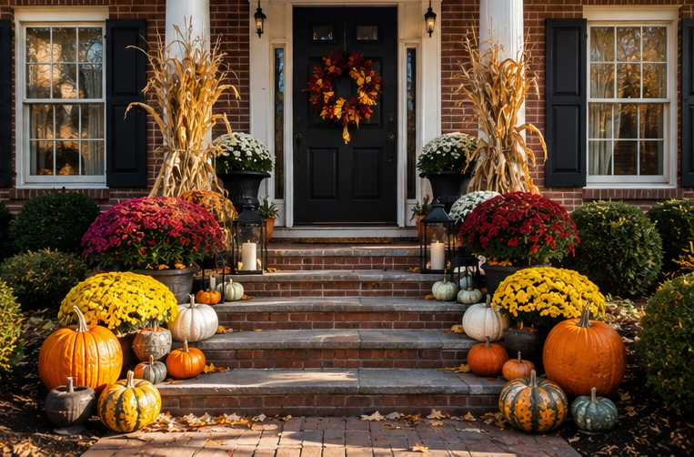 Front porch decorated for autumn with pumpkins, mums, candles, and a fall wreath on the black front door