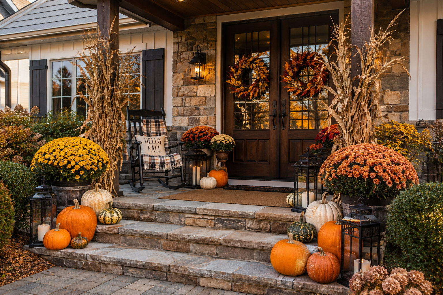Fall decorated porch with pumpkins, mums, lanterns, and dried corn stalks, featuring a cozy rocking chair with a 'Hello Fall' cushion.