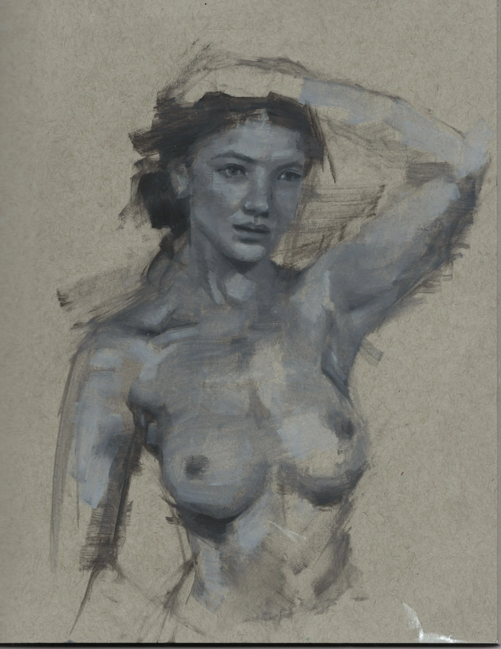 A monochrome portrait of a woman with short, wavy hair, holding her hand to her forehead, painted with expressive, loose brushstrokes on a textured surface.