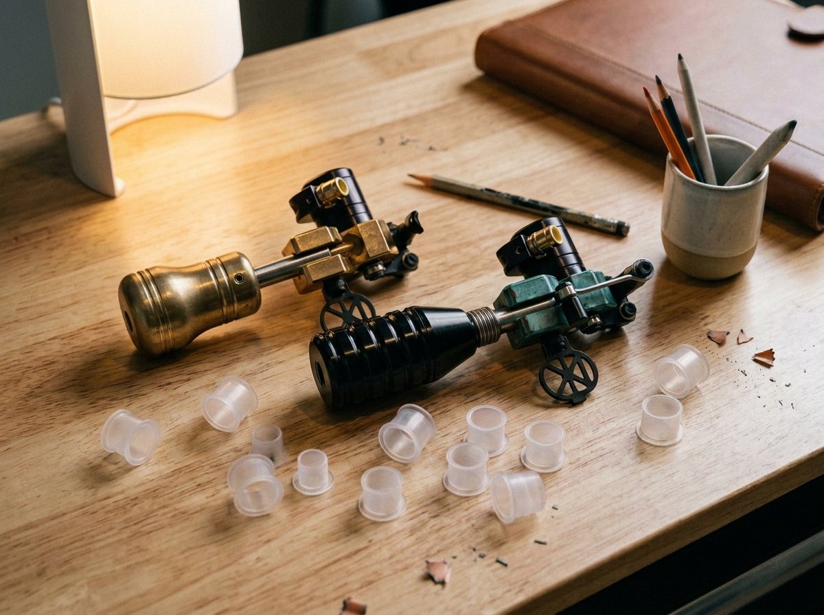 Two vintage telescopes on a wooden desk surrounded by small plastic caps, with a book, mug with pens, and a lamp in the background.