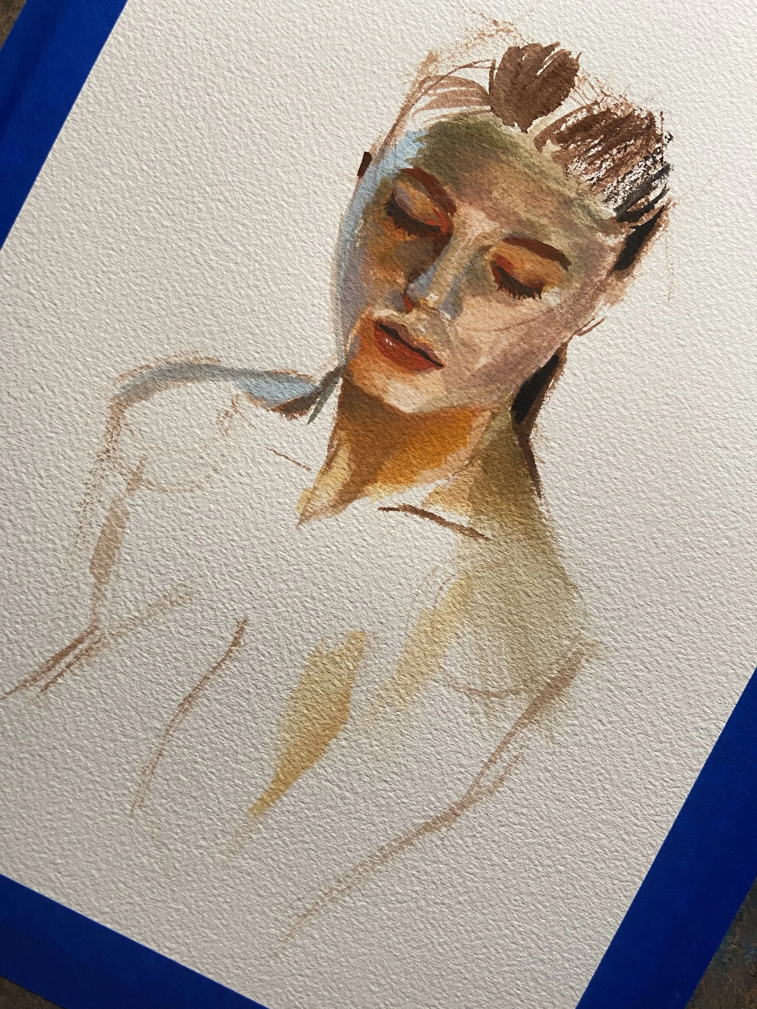 Watercolor portrait of a woman with closed eyes, with lipstick and eyeshadow, on textured paper with blue tape on the edges.