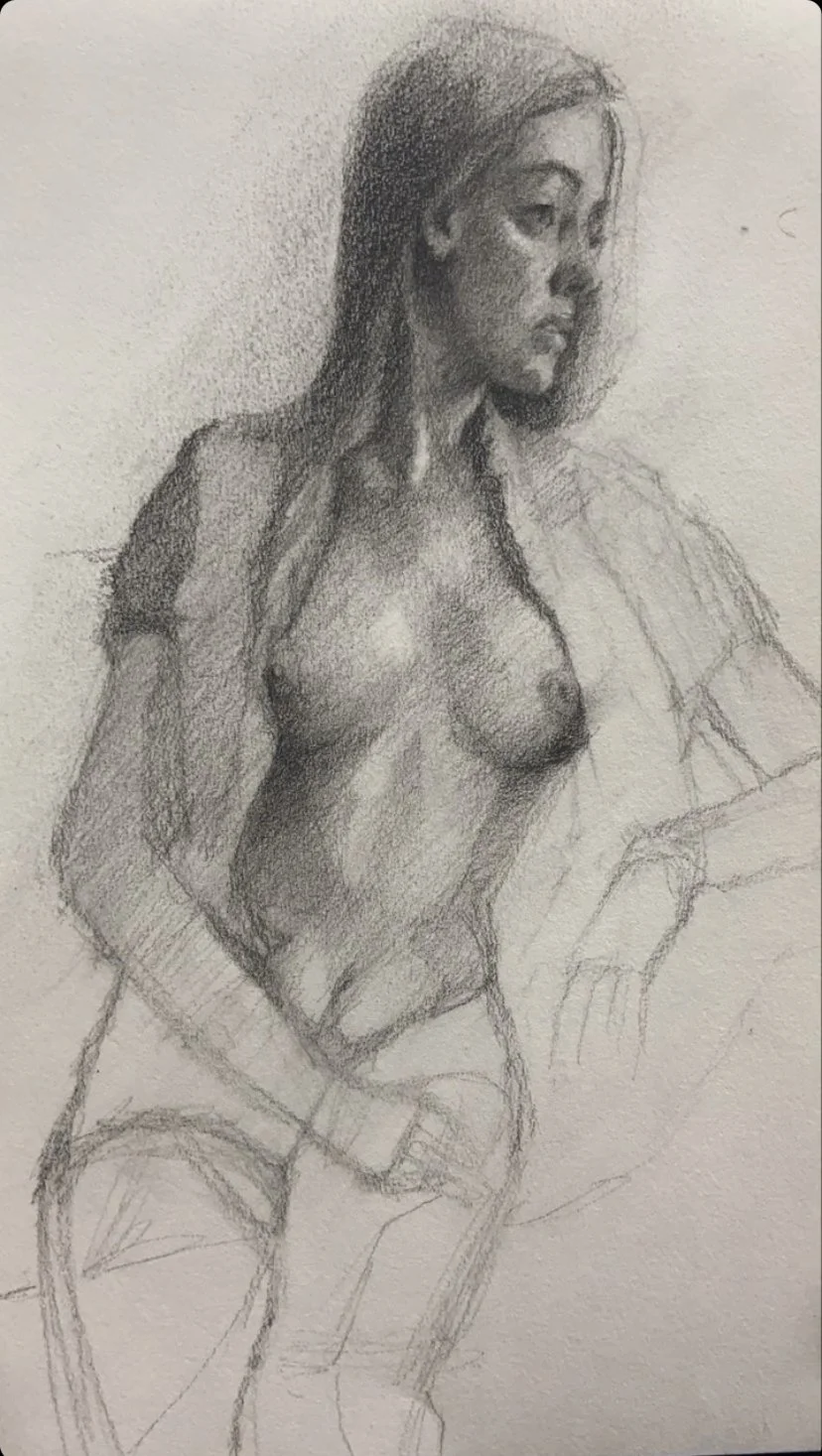 A detailed graphite sketch of a woman with long hair, partially clothed, with her right hand resting on her thigh and her left arm resting on a surface. She is looking to the right with a serious expression.