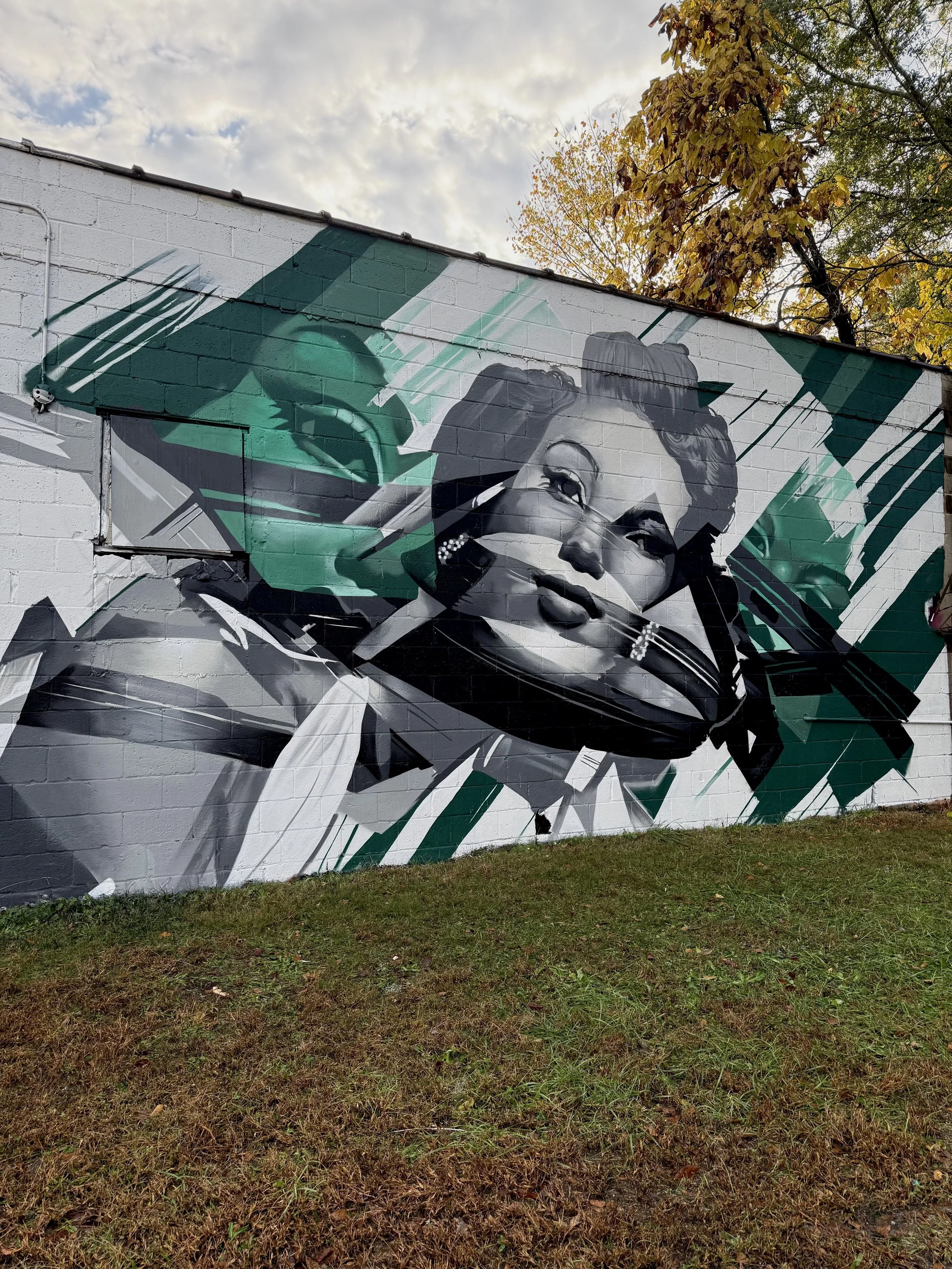 Street art mural of a woman with short curly hair wearing a pearl earring and smiling, painted on a white brick wall with green and black geometric accents, outdoors with trees and cloudy sky in the background.