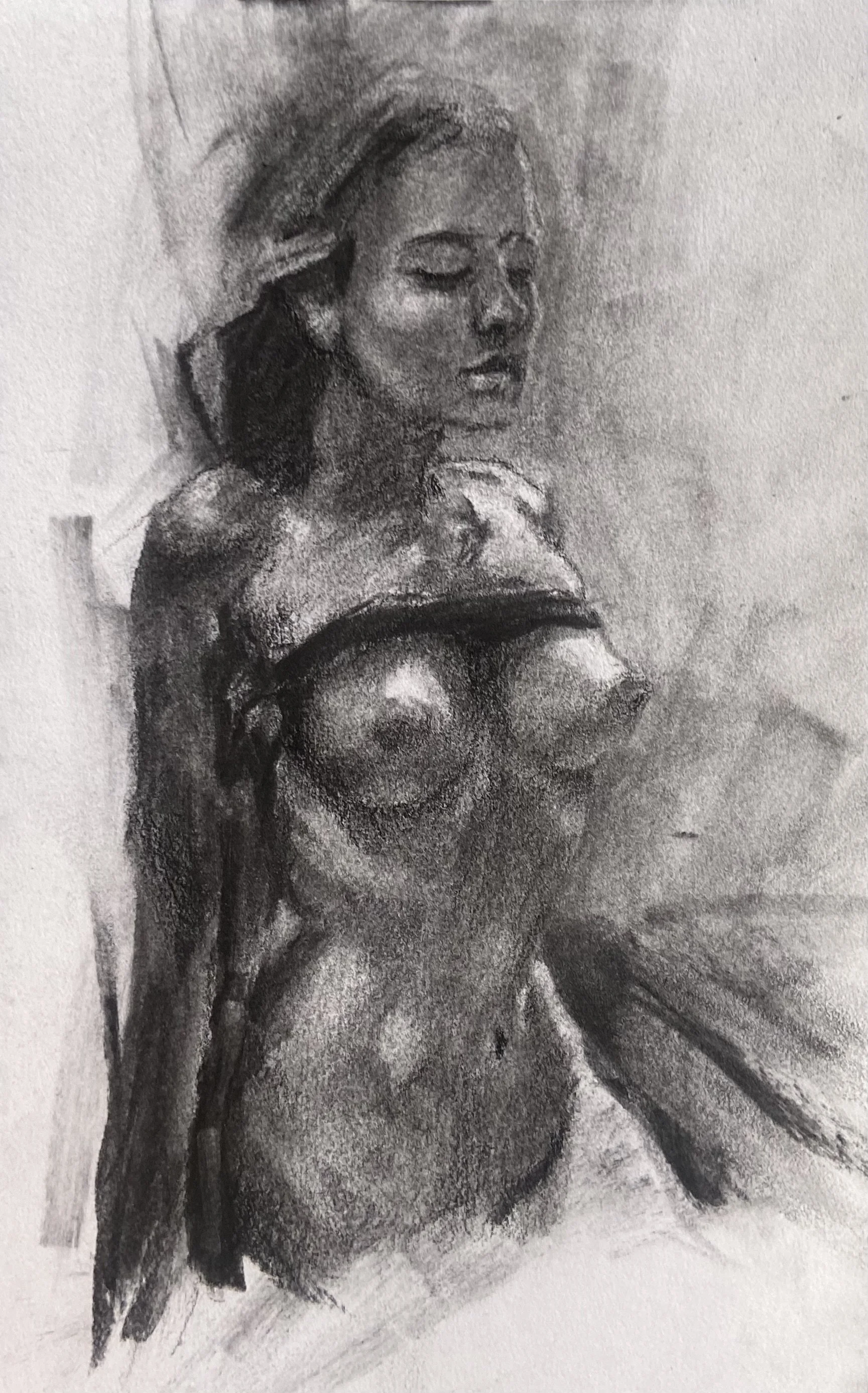 Sketch of a woman with long hair and a wide-brimmed hat, looking down with a serene expression.