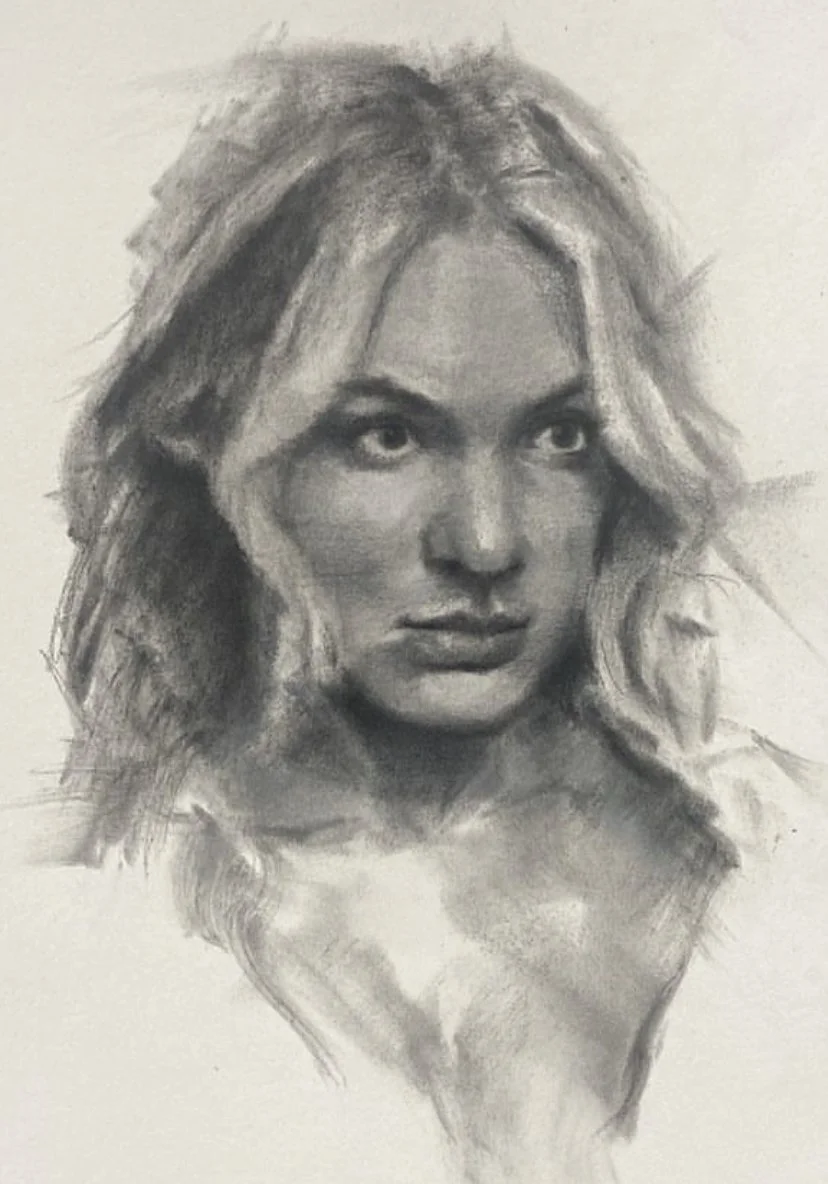 A realistic pencil sketch of a woman with textured, wavy hair, staring intently with detailed eyes and lips.