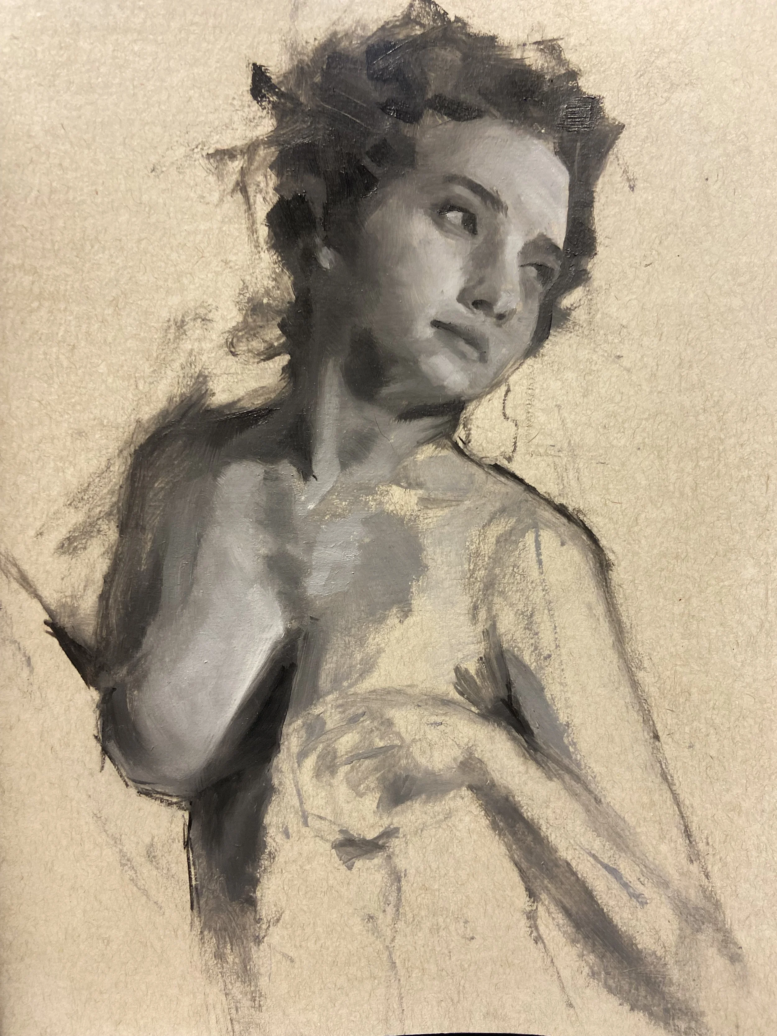 A monochromatic portrait of a woman painted with brushstrokes, looking slightly to the right with an intense expression.