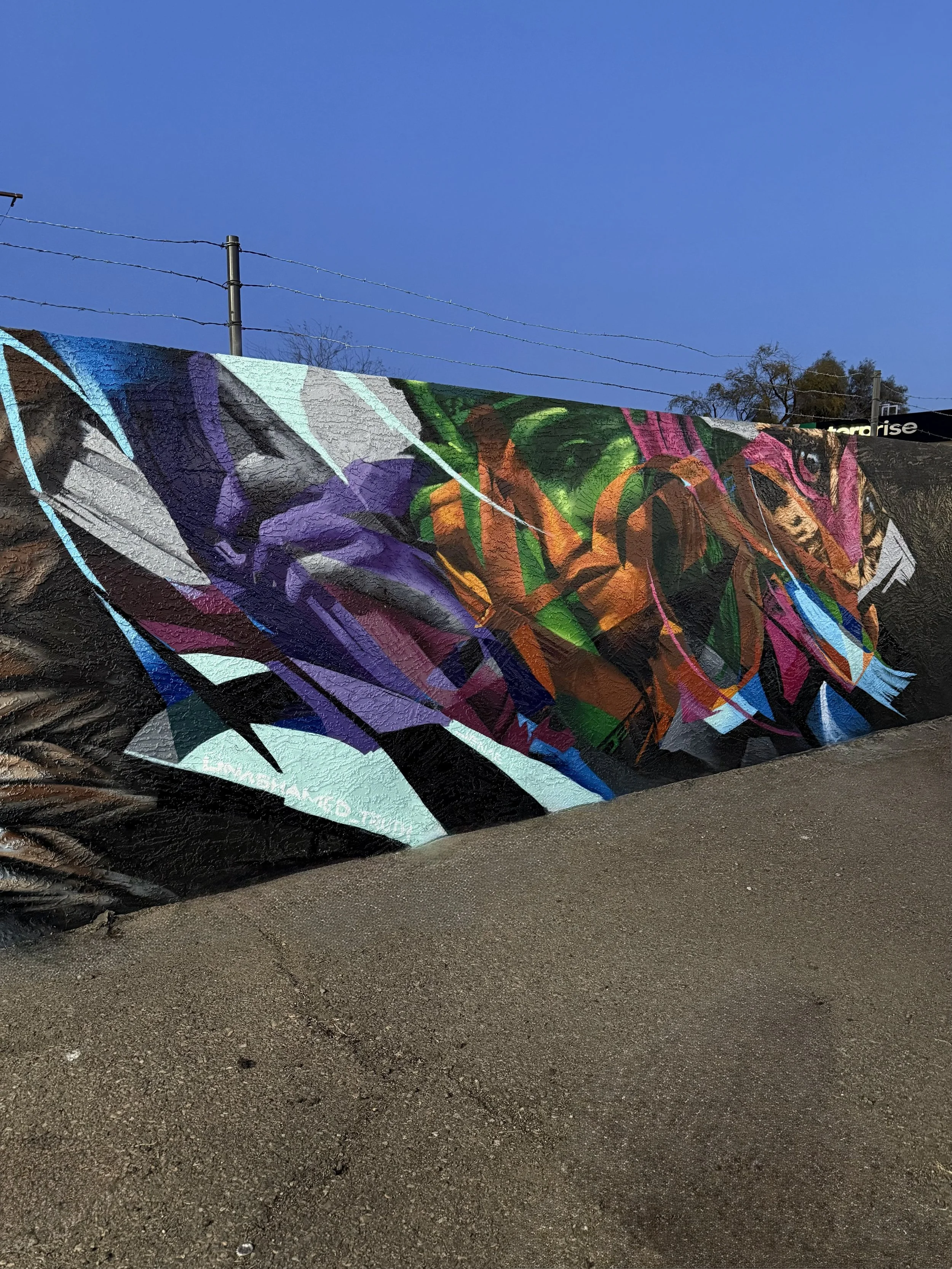 Close-up of a colorful, abstract graffiti mural painted on a textured brick wall, with barbed wire fencing and a clear blue sky in the background.