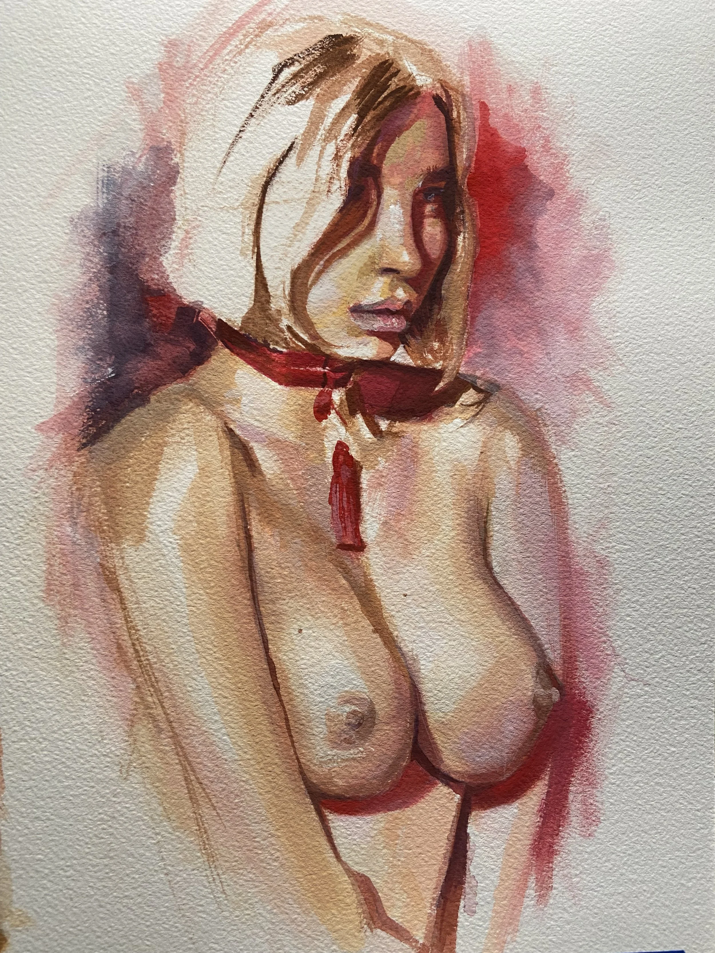 Watercolor painting of a woman with shoulder-length brown hair, depicted topless with red accents on her neck and shoulder, against a red and pink watercolor background.