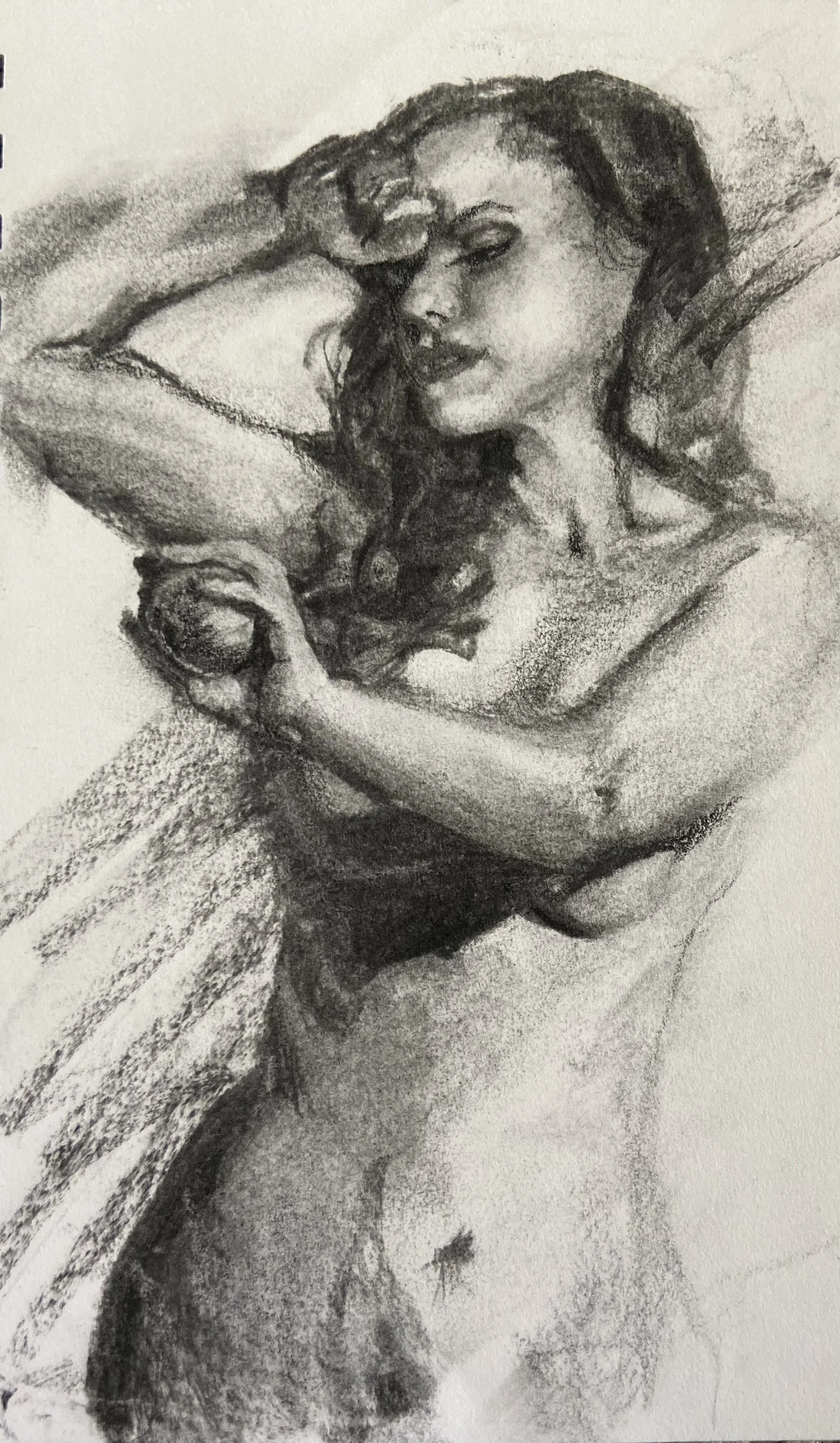 A black and white sketch of a woman with curly hair, eyes closed, resting her head on her arm with a hand on her forehead, and wearing an open-front sweater.