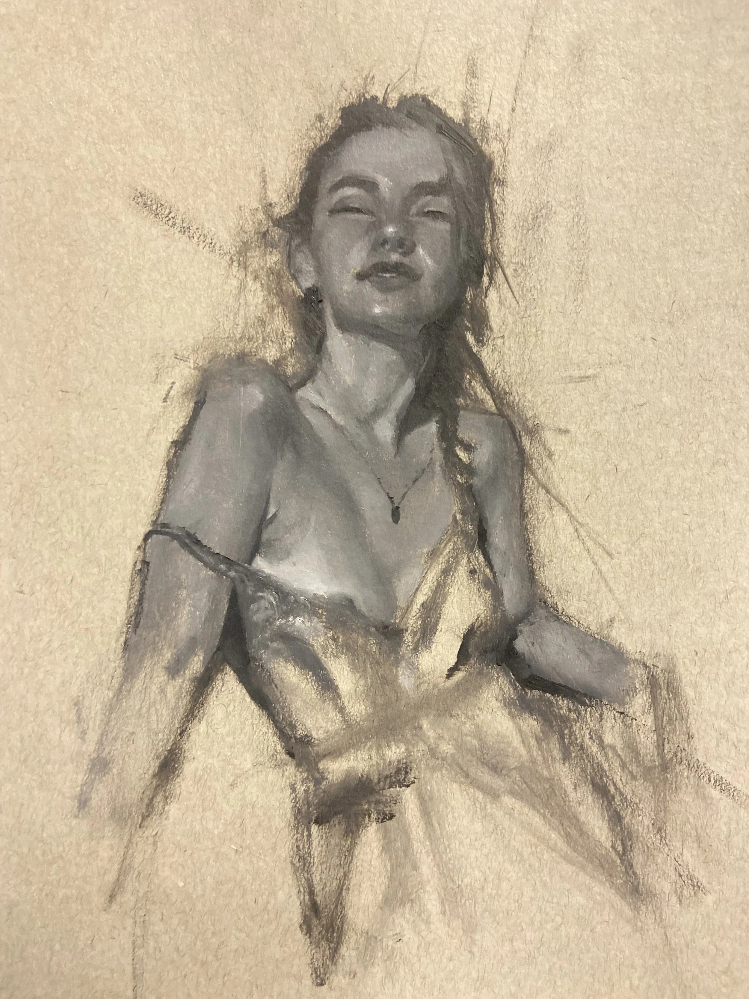 A monochrome sketch of a young woman with her hair pulled back, wearing a necklace, and smiling with her eyes closed.
